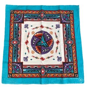 Vintage Blue Wamcraft Handkerchief Cotton Blend Aztec BANDANA Southwest Native